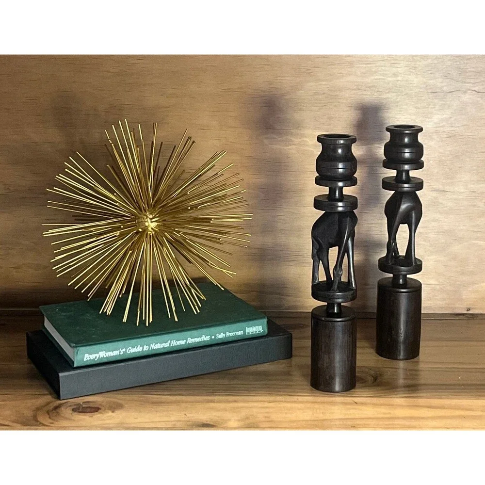 Vintage Wood Giraffe Candlesticks Set Boho Safari Decor Dark Wood Candle Holders
